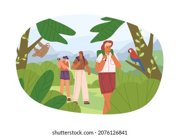 People hiking in jungle forest. Hikers exploring nature, plants and animals in rainforest. Tourists with backpacks and camera. Summer adventure. Flat vector illustration isolated on white background