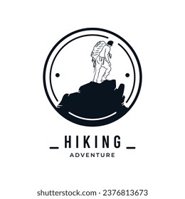 People hiking mountain peak silhouette logo emblem design vintage vector illustration.