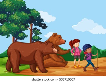 People hiking up the mountain with two bears illustration