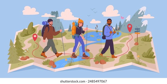 People hiking on map. Tourists walking on wild nature terrain map, hiking route and destination pin flat vector illustration. Backpackers group trekking on map