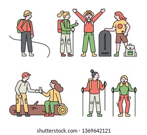 People hiking. Outline style characters. flat design style minimal vector illustration