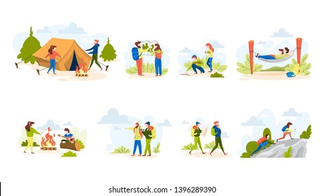 People hiking set. Making tent and sitting at the campfire. Travel and adventure on the nature. Hiker on a trip. Isolated vector illustration in cartoon style