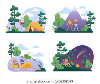 People hiking set. Making tent and sitting at the campfire. Travel and adventure on the nature. Hiker on a trip. Isolated vector illustration in cartoon style
