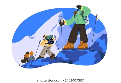 People hiking in snow mountains. Tourists with trekking poles, backpacks, mountaineering gear climbing to glacier. Group of alpinists travel in winter. Flat isolated vector illustration on white