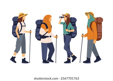 People hiking and trekking with backpack, map and binoculars. Woman backpackers stand, walk with luggage illustration