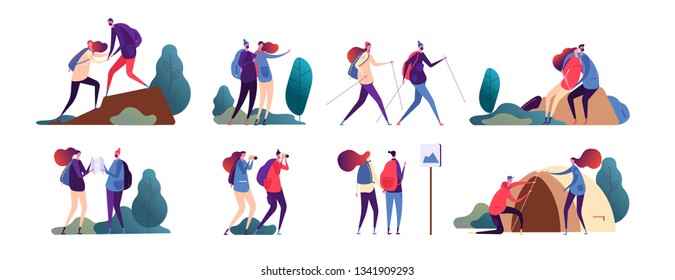 People hiking. Young couple travel together. Happy family, tourists in camping and hike in nature. Vector camper characters outdoors