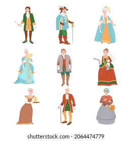 People in historical costumes of the 18th century. Rococo people fashion cartoon vector illustration