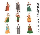 People in historical costumes of the 19th century. Victorian people fashion cartoon vector illustration