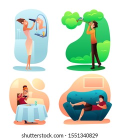 People hobbies color illustrations set. Different interests, activities concept. Home and outdoor rest. Men and women leisure and pastime flat characters pack. Free time spending idea