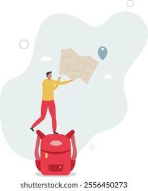 People hobbies and favorite activities.male traveler with a backpack and a map of the area.flat characters.