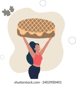 People hobbies and favorite activities.woman baked a big cake .cooking concept.flat vector illustration.