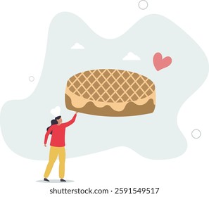 People hobbies and favorite activities.woman baked a big cake .cooking concept.flat character life .