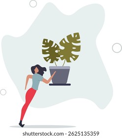 Pessoas hobbies e atividades favoritas. mulher segurando uma planta de casa em suas mãos. vida de caráter .