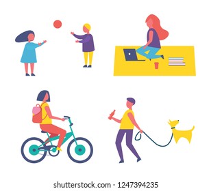 People and hobbies icons set vector. Woman riding bicycle, children playing volleyball with ball. Freelancer on blanket using laptop, man walking dog