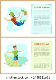 People with hobbies vector, bungee jumping woman and highlining man with stretched hands, balancing person male and flying girl female in uniform