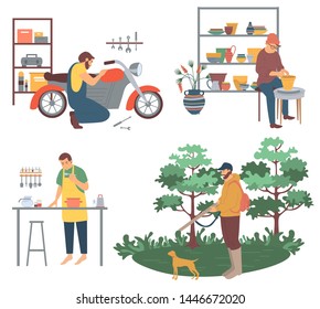 People with hobbies vector, interest of man repairing motorbike in garage. Pottery making pots from clay, cooking from vegetables, hunting with dog pastime