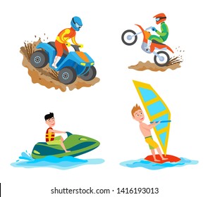 People with hobbies vector, isolated man on bike, motorbike riding, person wearing special uniform. Water extreme sports, windsurfing and sailing