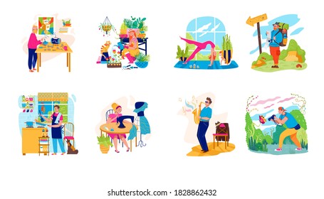 People in hobby activity vector illustration set. Cartoon flat man woman hobbyist enjoying hobbies. Active character cooking, sewing, home gardening, doing yoga or hiking icons isolated on white