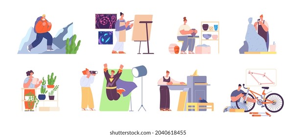 People and hobby. Artist imagination, hobbies artistic and creative. Person art occupation, photographer, painter, florist utter vector characters