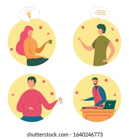 People Hobby Cartoon Vector Illustrations Set. Nightclub DJ playing music, man eating pizza Isolated Design Elements Pack. Talking, Brainstorming Cartoon Characters in Circles Flat Collection