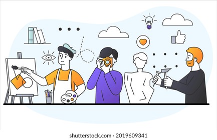 People and hobby concept. Different characters doing what they love. Creative profession. Positive emotion and relaxation from work. Cartoon flat vector illustration isolated on white background