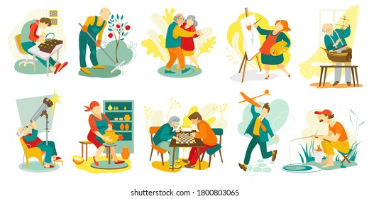 People hobby, creative artistic man and woman characters doing favorite things, set of vector illustration. Art, music, chess playing, dance leisure and recreation for senior. Drawing, sculping hobby.