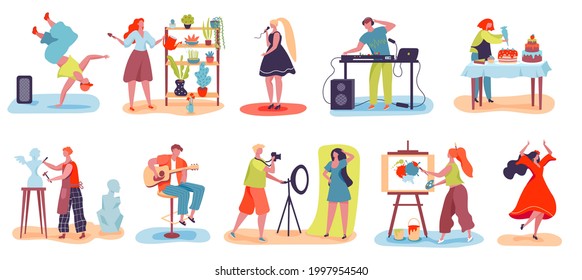 People hobby. Men and women baking, singing, dancing, gardening, sculpting. Characters with various creative occupation or profession vector set. Photographer with model, playing guitar