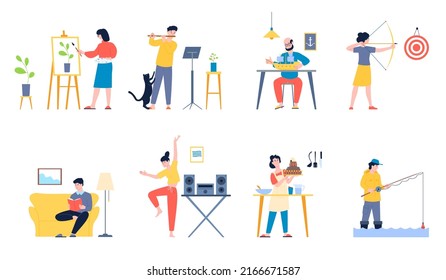 People and hobby. Painter and dancing, sculpture artist or amateur designer. Person do hobbies, reading book on sofa and play music, cooking recent vector set
