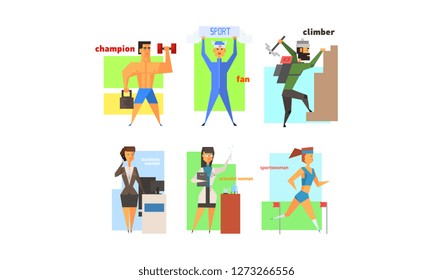 People hobby, profession and lifestyle set, champion, sports fan, climber, businesswoman, scientist, sportswoman vector Illustration