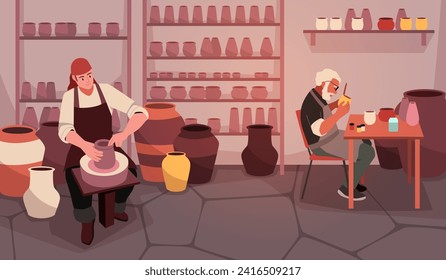 People hobby. Professional potters in workshop at work, making pottery process, master and student, craft learning, craftsman in creative art studio, cartoon flat tidy vector concept