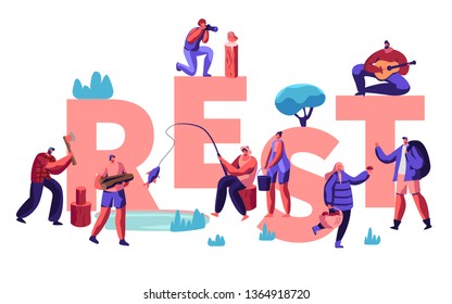 People Hobby at Spare Time Concept. Male and Female Characters Having Rest as Fishing, Taking Pictures, Pick Up Mushrooms, Camping. Poster, Banner, Flyer, Brochure. Cartoon Flat Vector Illustration