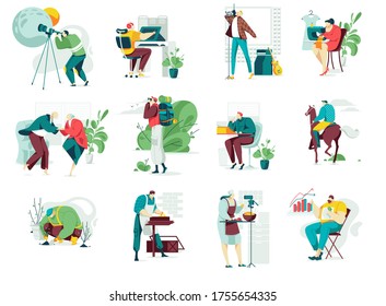 People in hobby vector illustration set. Cartoon flat man woman hobbyist character enjoying art, handicraft and creative handmade work, craftsman working. Craft hobby occupation icon isolated on white