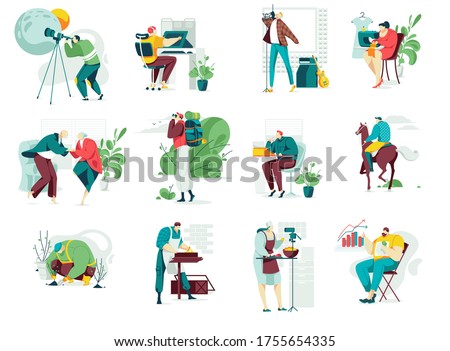 People in hobby vector illustration set. Cartoon flat man woman hobbyist character enjoying art, handicraft and creative handmade work, craftsman working. Craft hobby occupation icon isolated on white