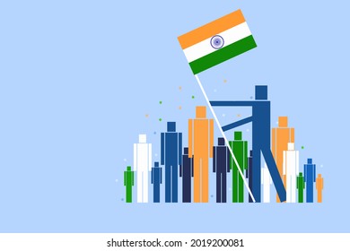 People hoisting the Indian tricolour flag. An Indian Independence Day concept