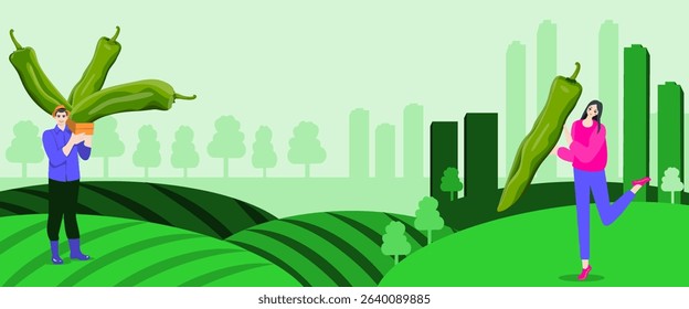 People hold Anaheim pepper or California pepper or Magdalena pepper or Hatch pepper. Rectangular banner. Isolated vector illustration.