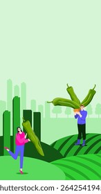 People hold Anaheim pepper or California pepper or Magdalena pepper or Hatch pepper. Vertical banner. Isolated vector illustration.