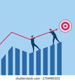 Die Menschen halten Pfeil, um zu einer Zielmetapher der Entwicklung zu gelangen und zu überleben. Business-Flavectordesign-Illustration.