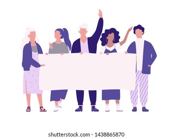 People hold banner. Group of character with blank empty board for message. Advertising concept. Isolated vector illustration in cartoon style