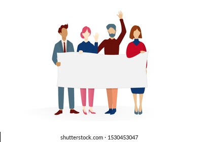 People hold banner. Group of character with blank empty board for message. Advertising concept. Isolated vector illustration in cartoon style