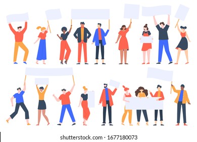 People hold banners. Activists with placards, peaceful rights protest, manifestation, men and women parade participation vector illustration set. Parade rights, adult picket and strike