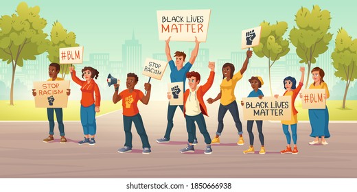 People hold banners with black lives matter and fist on city street. Vector cartoon illustration of protest demonstration against racism. White and african american activists act for human rights