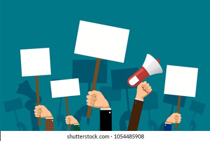 People hold banners and posters in their hands. Pickets and demonstrations. Strike of workers. Stock vector illustration.