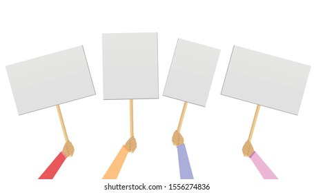 People hold banners and posters in their hands. Voting, demonstration, minting concept. Hands holding plate.  Presidential Election Voting Poster. Infographics, banners design