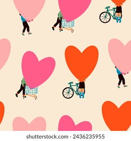 People hold big Hearts. Person with bicycle, carrying heart in shopping cart. Cartoon style. Hand drawn Vector illustration. Love, Valentine's day, romance concept. Square seamless Pattern