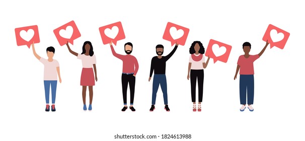 People hold big like. Colorful flat vector illustration