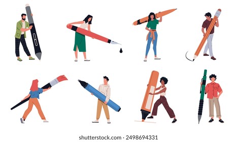 People hold big pen. Tiny men and women write and draw, office characters, pens, pencils and brushes, copywriters and authors, boy and girl with stationery, cartoon flat nowaday vector set