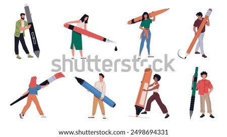 People hold big pen. Tiny men and women write and draw, office characters, pens, pencils and brushes, copywriters and authors, boy and girl with stationery, cartoon flat nowaday vector set