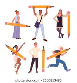 As pessoas seguram um grande jogo de lápis. Personagens jovens do sexo masculino e feminino em pé e correndo com ferramenta gigante para estudar, escrever e desenhar, estudantes felizes com sorriso carregando ilustração de vetor de desenhos animados de papelaria