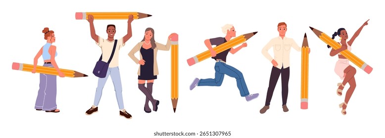 As pessoas seguram um grande jogo de lápis. Personagens jovens do sexo masculino e feminino em pé e correndo com ferramenta gigante para estudar, escrever e desenhar, estudantes felizes com sorriso carregando desenhos animados de papelaria