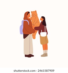 People hold big plush toy, teddy bear in hands. Couple carries fluffy dog, pet during walk. Boyfriend presents romantic gift to his girlfriend. Flat isolated vector illustration on white background